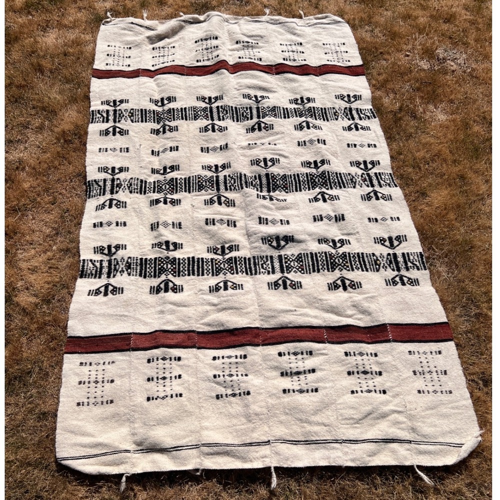 Vintage African Fulani Blanket Handmade Wool Cream Black Rust Geometric 51 x 81"